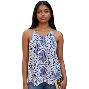 Parker Blue & White Abstract 100% Silk Sleeveless Razorback Blouse S